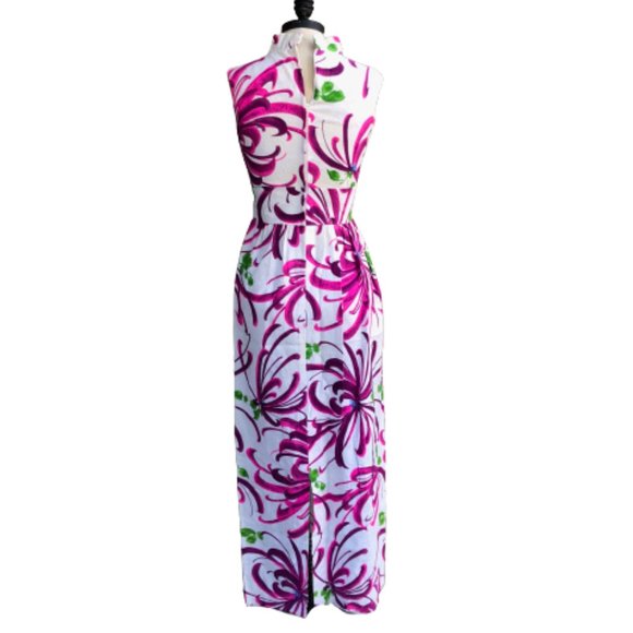 Vintage 60s Evelyn Margolis Hawaiian Floral Barkcloth Formal Maxi Dress XXS/XS - Picture 11 of 17